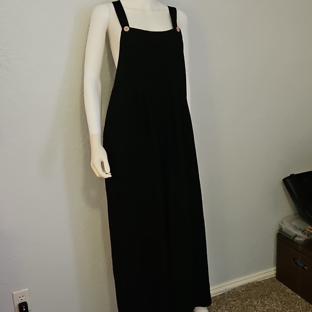 Vtg DACESLON Oversized Baggy Linen Blend Wide Leg Black Overall Jumpsuit - Picture 2 of 12